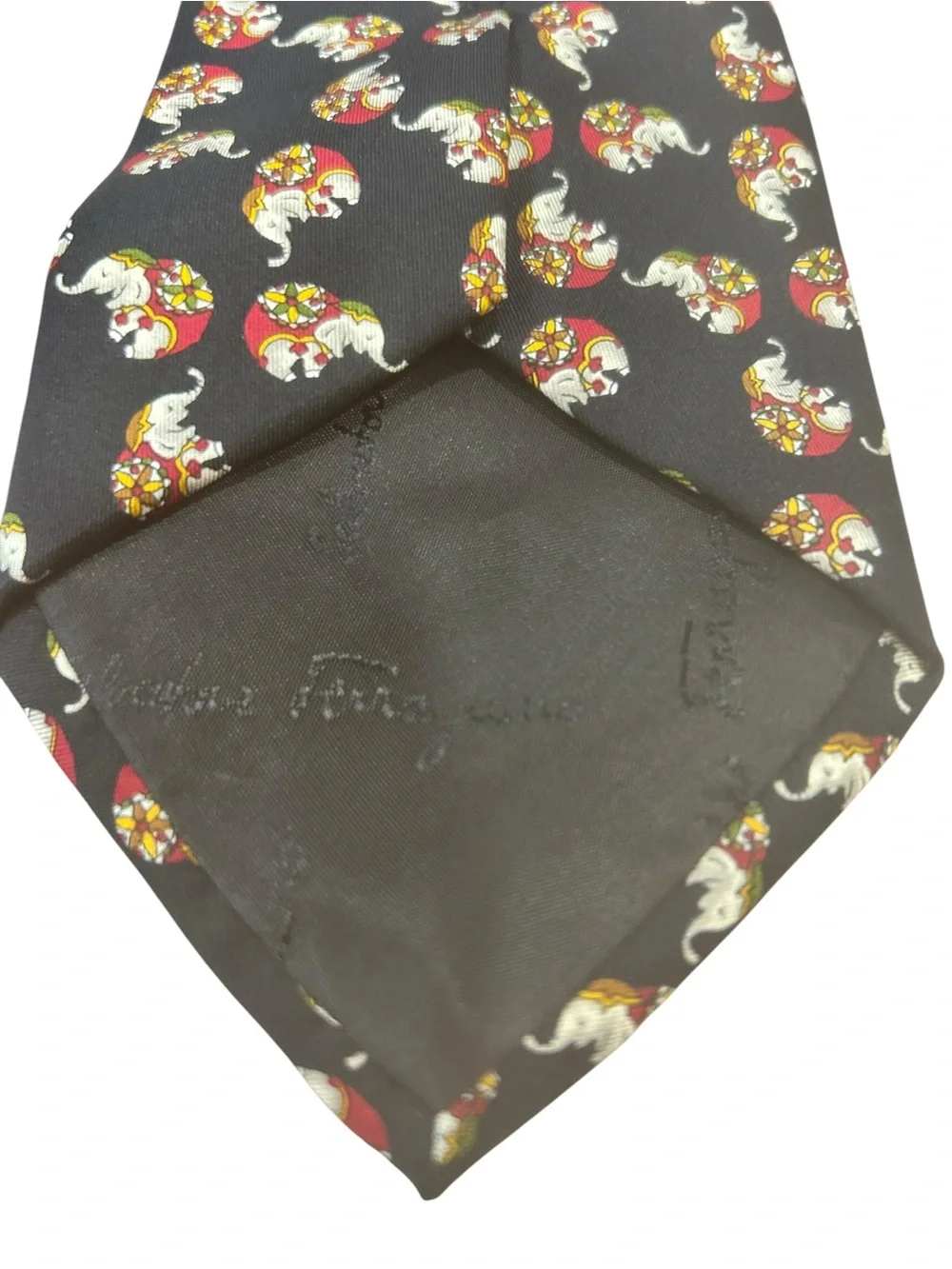 Salvatore Ferragamo Elephant Print 100% silk Tie Black Italy Designer whimsical